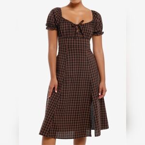 Thorn & Fable Brown & Black Checkered Empire Waist Midi Dresse Medium